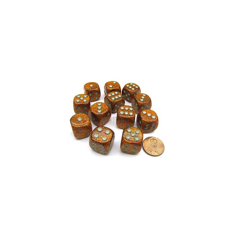 Chessex 16mm d6 with pips Dice Blocks (12 Dice) - Glitter Polyhedral Gold/silver