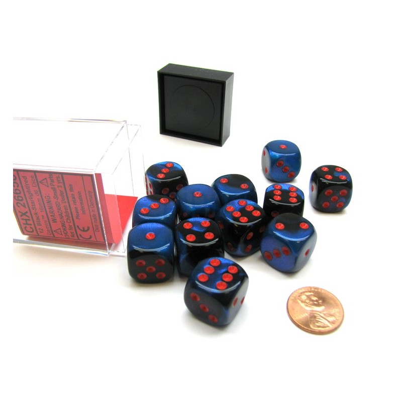 Chessex Gemini 16mm d6 with pips Dice Blocks (12 Dice) - Black-Starlight w/red